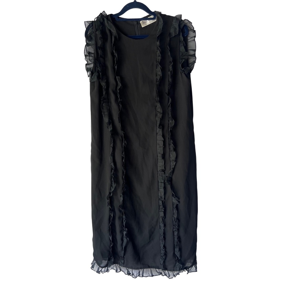 Vintage 70s Bill Blass Collection III Black Ruffle Chiffon Shift Dress Sz‎ 14